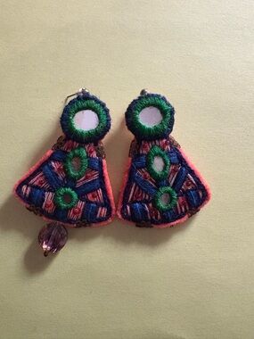 Handcrafted Pink and Blue Embroidered Drop Earrings